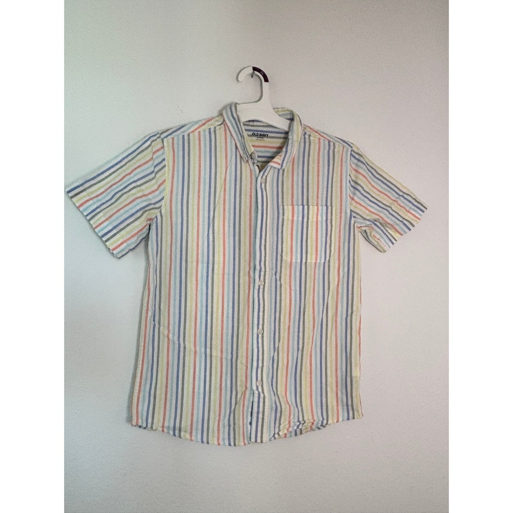 Old Navy Boys XL 14-16 Short Sleeve Button Down Shirt Multi Color Stripe Cotton
